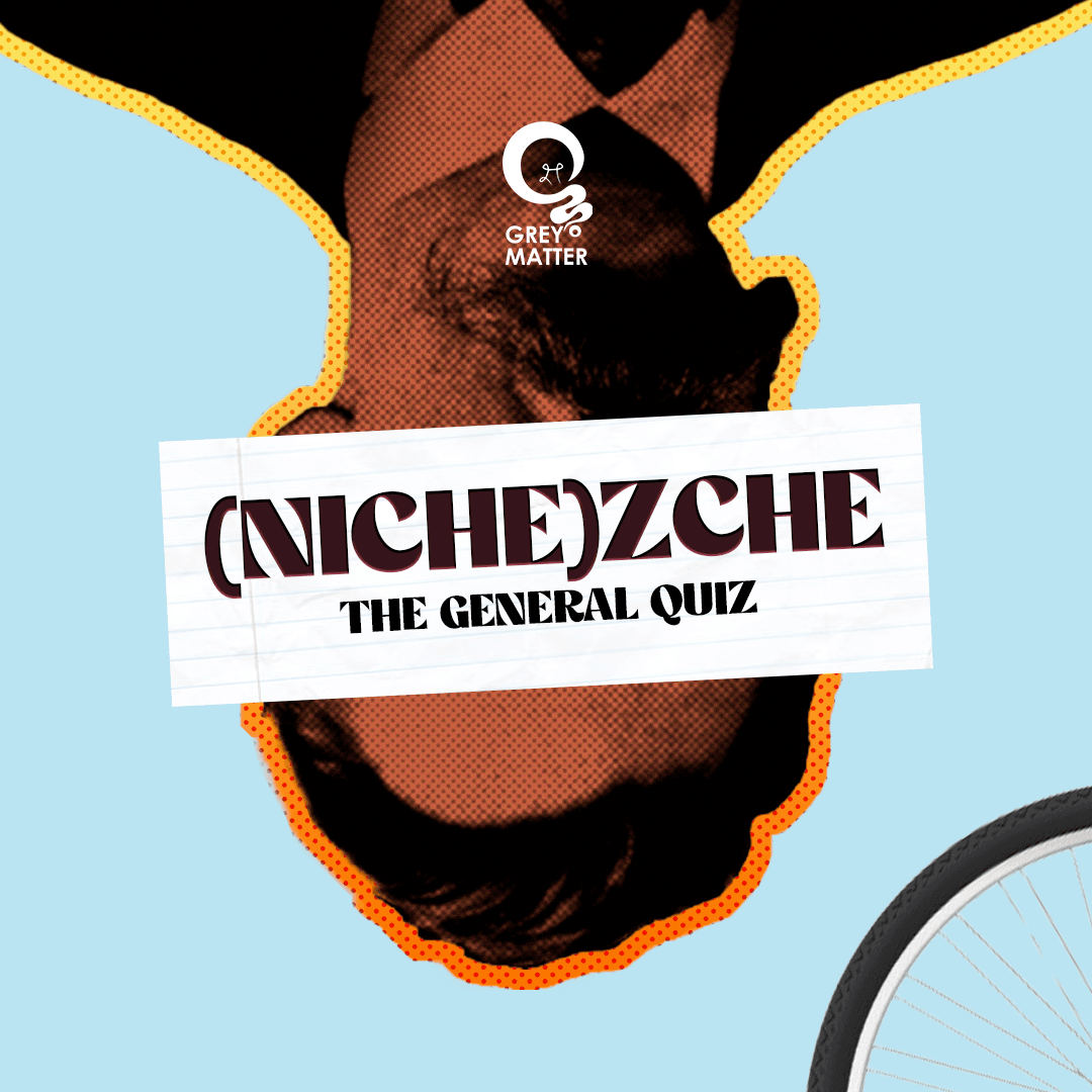 (Niche)zche — The General Quiz — Pun-driven quiz identity. Inverted portrait and torn-paper masthead built for a scroll-stopping feed.